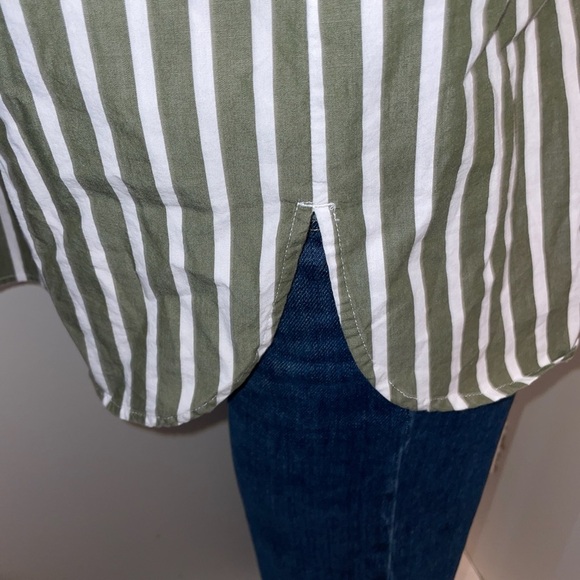 J Jill Button Down Shirt popover banded Mandarin collar cotton green stripe XS - Picture 6 of 10